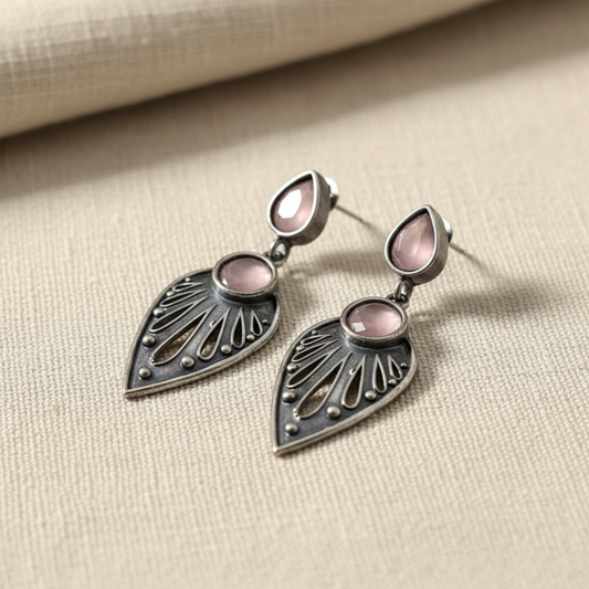 Oxidised German Silver Teardrop Earrings with Dual Stone Detail