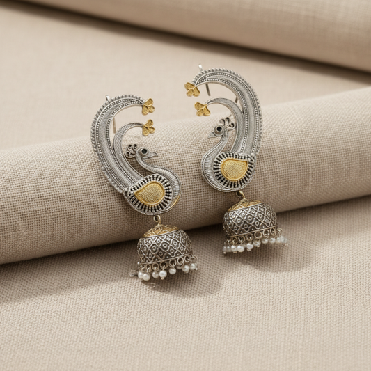 Oxidised German Silver Peacock Jhumka Earrings with Dual Tone Finish