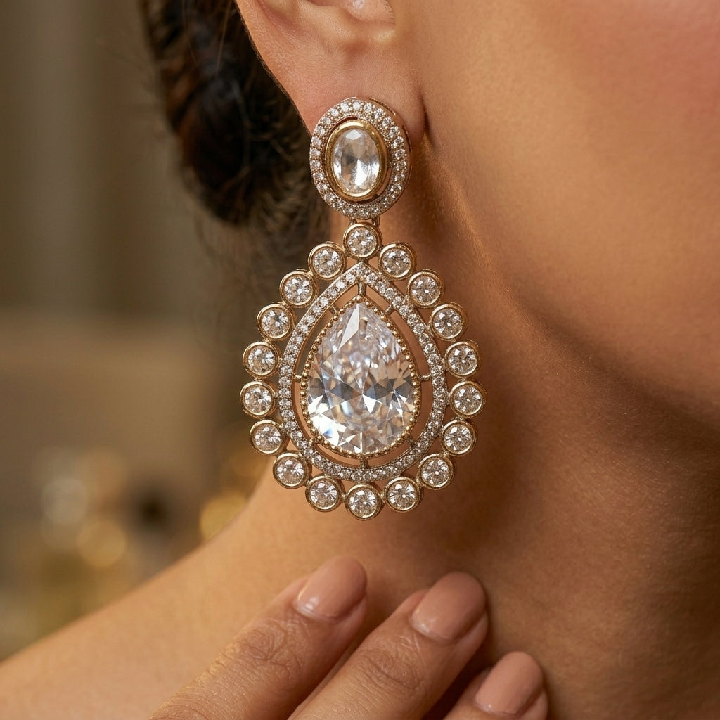 Gold Plated American Diamond Teardrop Earrings for Women | Lady Zone