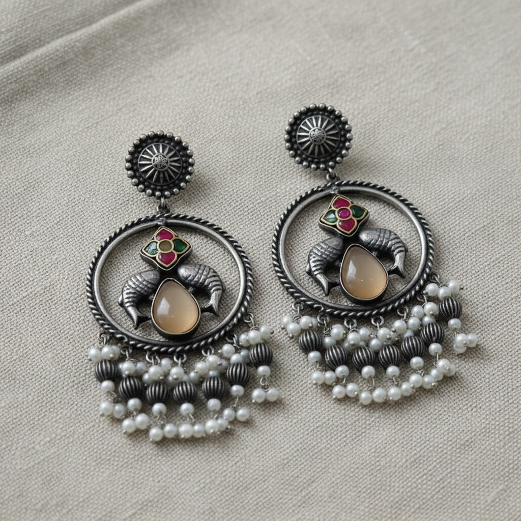 Ram Motif German Silver Pearl Drop Earrings