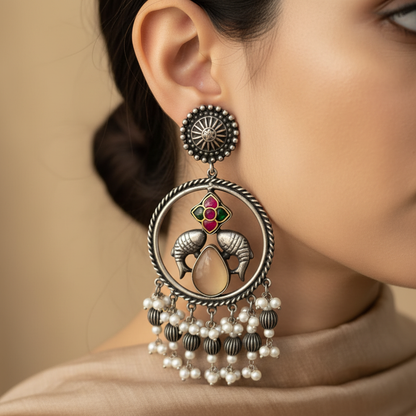 Ram Motif German Silver Pearl Drop Earrings