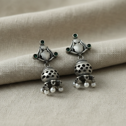 Green Stone German Silver Jhumka Earrings