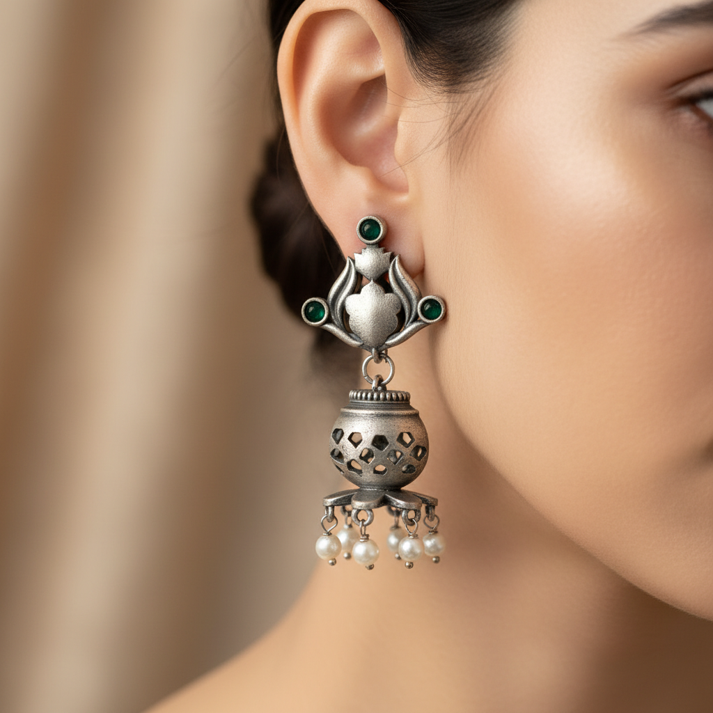 Green Stone German Silver Jhumka Earrings