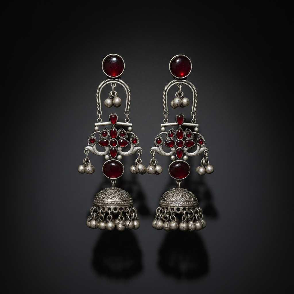 Ruby Red Stone German Silver Jhumka Earrings