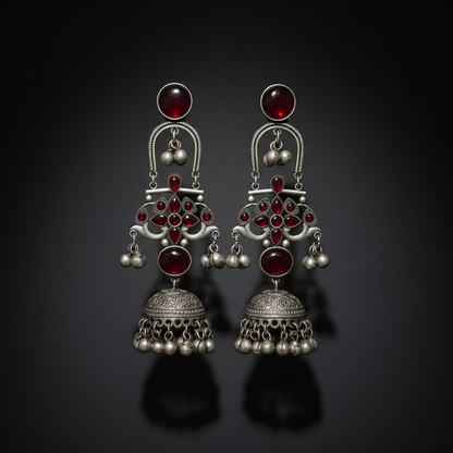 Ruby Red Stone German Silver Jhumka Earrings