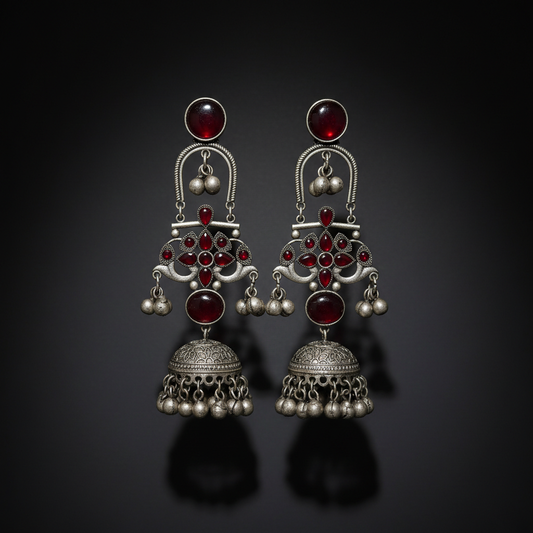Ruby Red Stone German Silver Jhumka Earrings