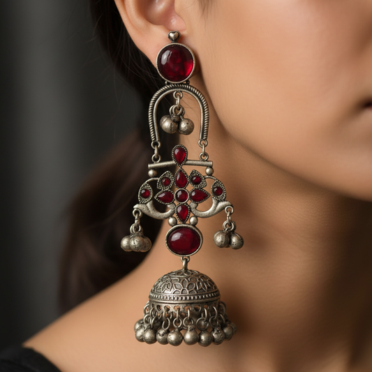 Ruby Red Stone German Silver Jhumka Earrings