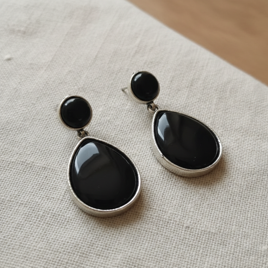 Black Onyx Style Teardrop German Silver Earring