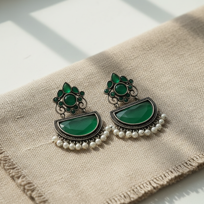 Emerald Green German Silver Pearl Drop Earrings