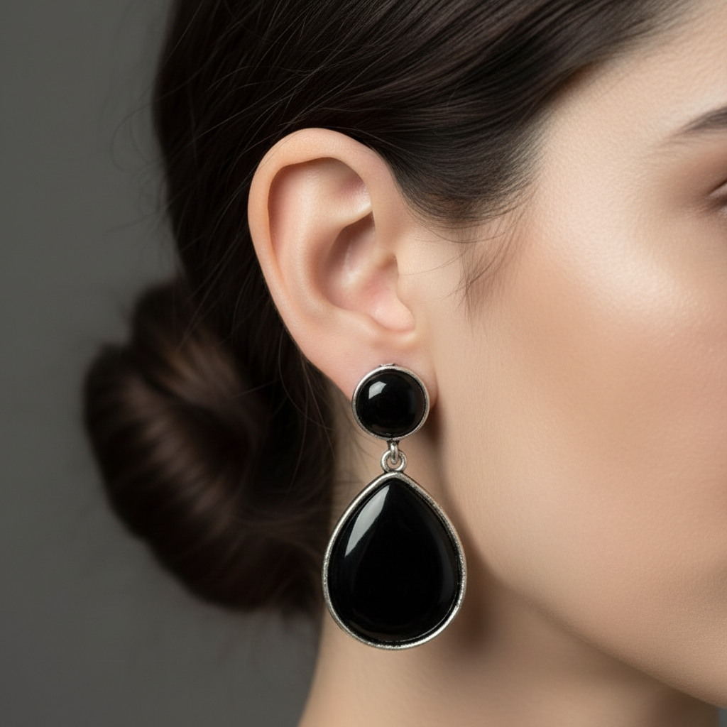 Black Onyx Style Teardrop German Silver Earring