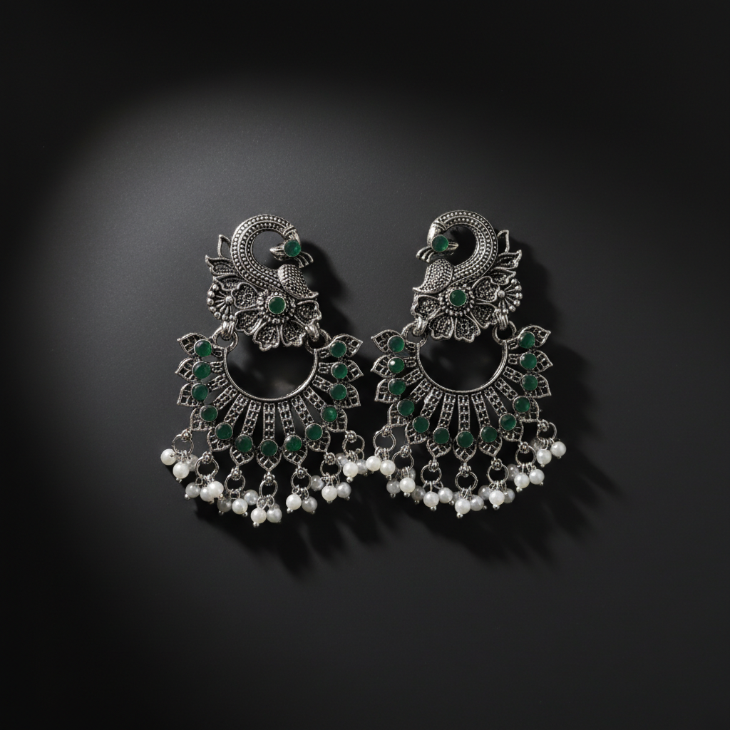 Peacock Design Green Stone German Silver Chandbali Earrings