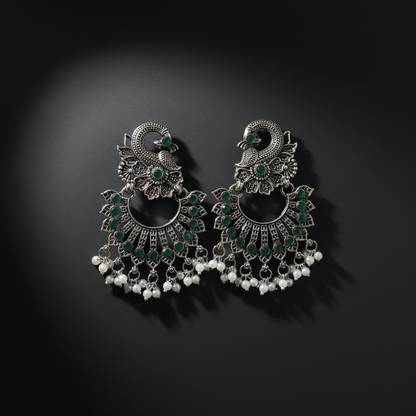 Peacock Design Green Stone German Silver Chandbali Earrings