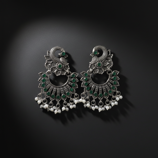 Peacock Design Green Stone German Silver Chandbali Earrings