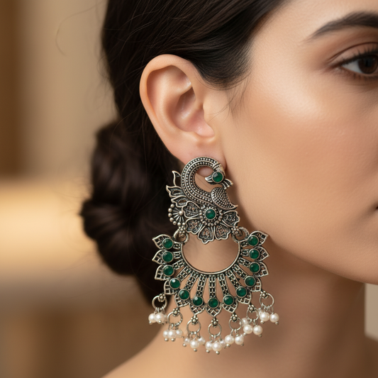 Peacock Design Green Stone German Silver Chandbali Earrings
