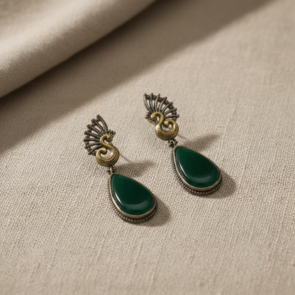 Peacock Motif Green Stone German Silver Drop Earrings