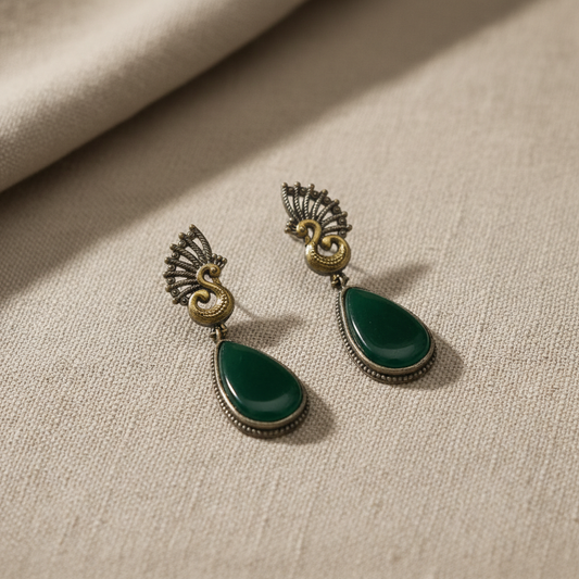 Peacock Motif Green Stone German Silver Drop Earrings