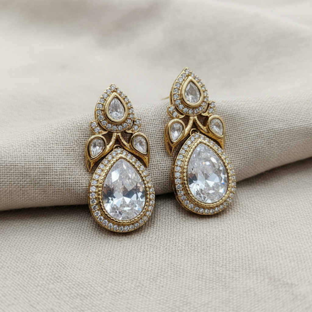 Gold Plated American Diamond Teardrop Earrings for Women | Lady Zone