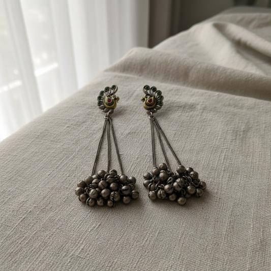 Peacock Design German Silver Ghungroo Drop Earrings