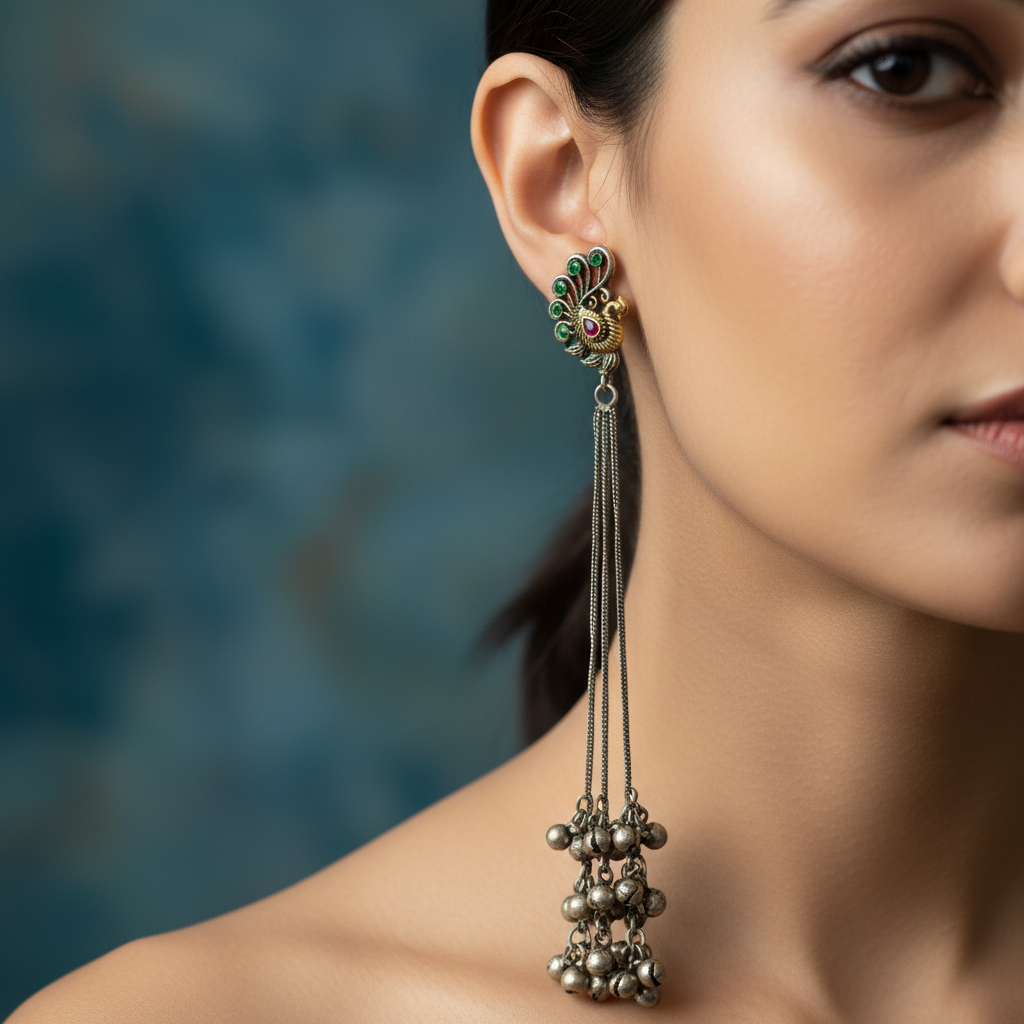 Peacock Design German Silver Ghungroo Drop Earrings