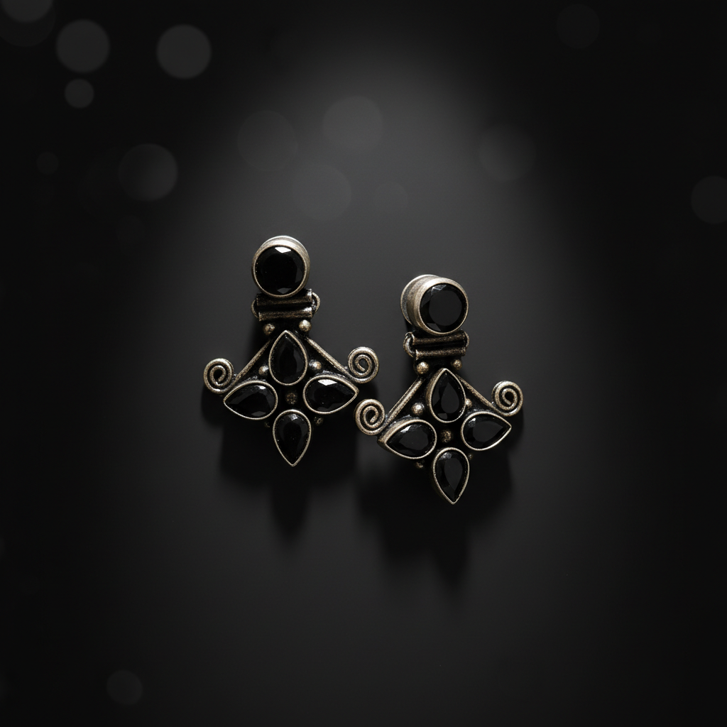 Antique Black Stone Geometric Drop Earrings