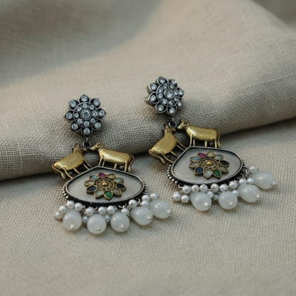 Traditional Cow Design German Silver Pearl Drop Earrings