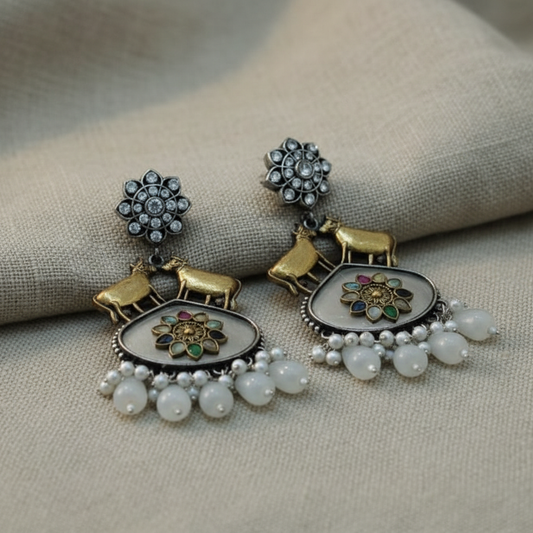 Traditional Cow Design German Silver Pearl Drop Earrings