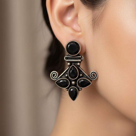 Antique Black Stone Geometric Drop Earrings