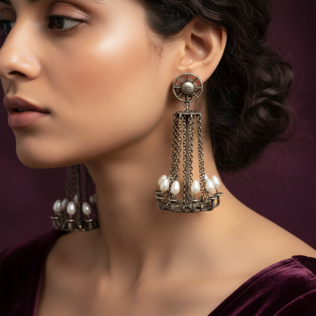 Antique Oxidized Pearl Chandelier Earring