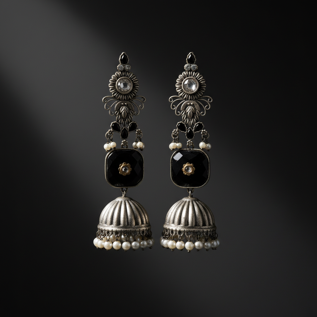 Black Stone Oxidized Jhumka Earrings with Pearl Drops