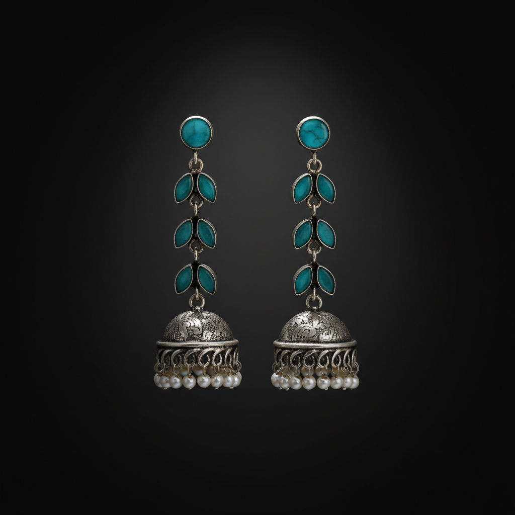 Turquoise Stone German Silver Long Jhumka Earrings with Pearl Drops