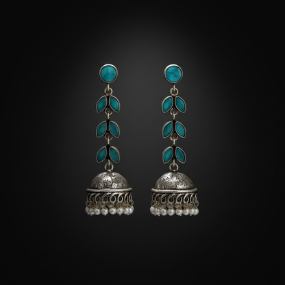 Turquoise Stone German Silver Long Jhumka Earrings with Pearl Drops