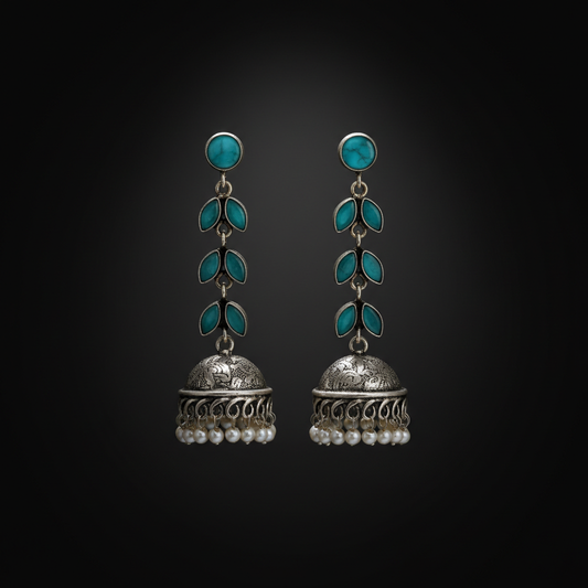 Turquoise Stone German Silver Long Jhumka Earrings with Pearl Drops