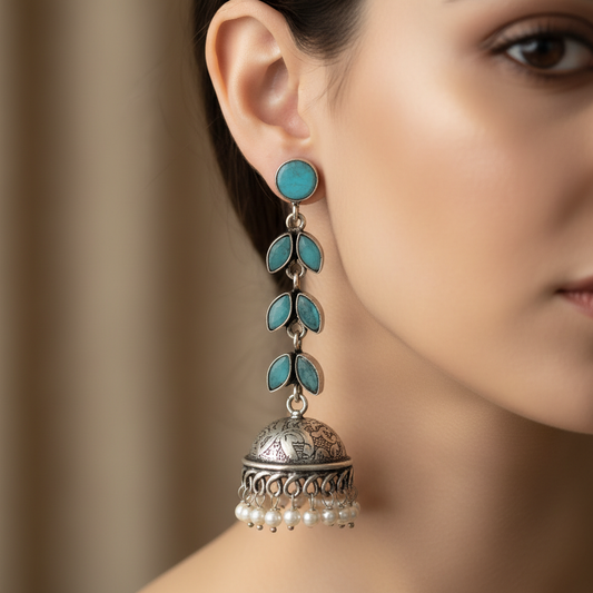 Turquoise Stone German Silver Long Jhumka Earrings with Pearl Drops