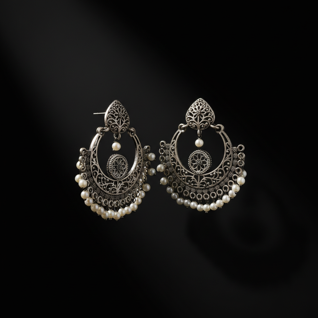 German Silver Pearl Chandbali Earrings