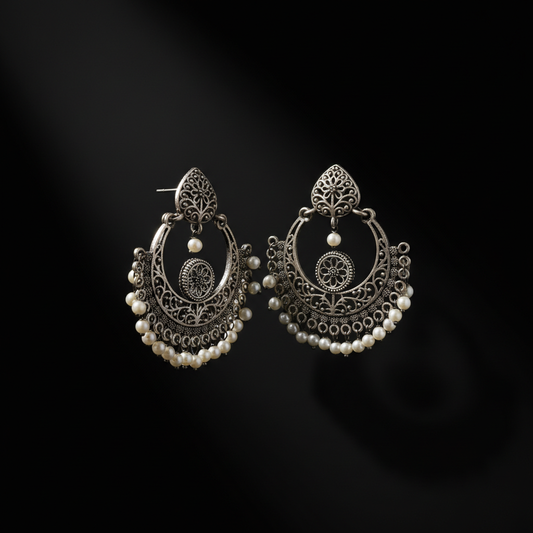 German Silver Pearl Chandbali Earrings