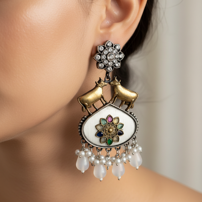 Traditional Cow Design German Silver Pearl Drop Earrings