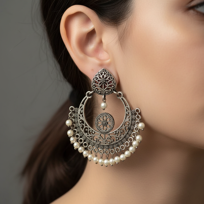 German Silver Pearl Chandbali Earrings