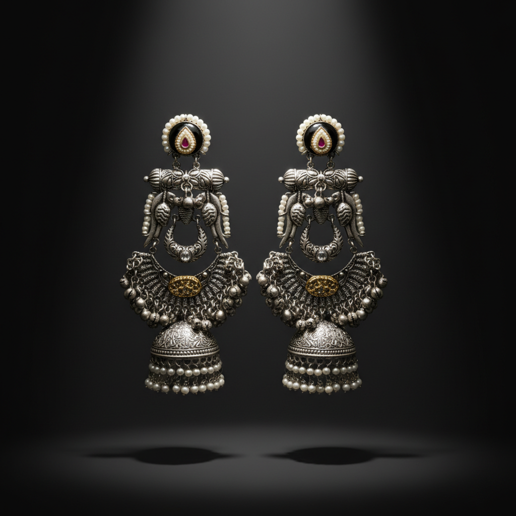 German Silver Jhumka Earrings with Pearl Detailing