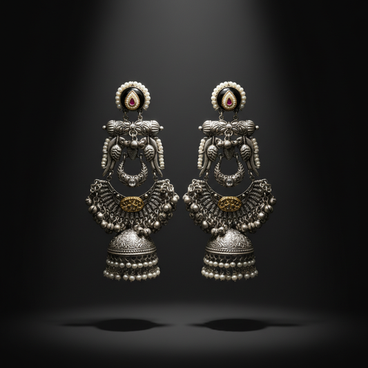 German Silver Jhumka Earrings with Pearl Detailing