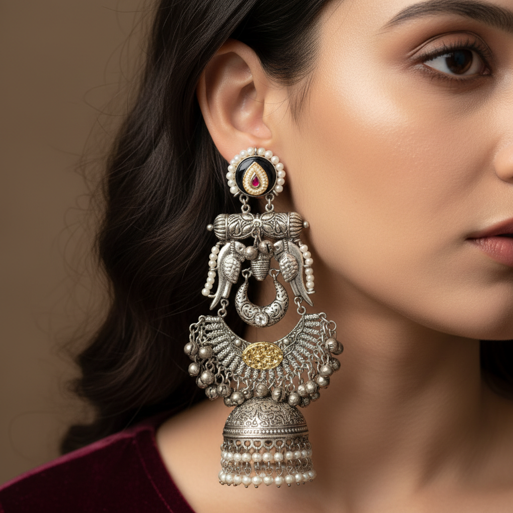 German Silver Jhumka Earrings with Pearl Detailing