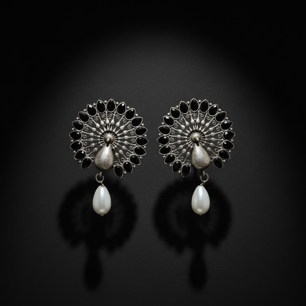 German Silver Peacock Stud Earrings with Black Stones & Pearl Drop