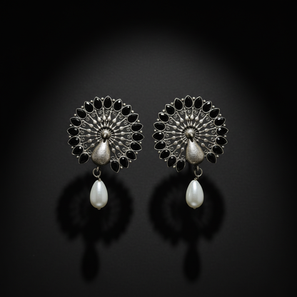German Silver Peacock Stud Earrings with Black Stones & Pearl Drop