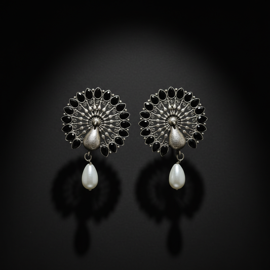 German Silver Peacock Stud Earrings with Black Stones & Pearl Drop