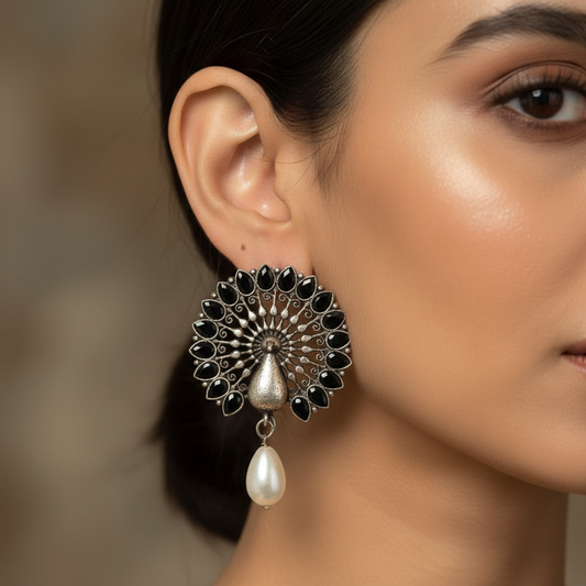 German Silver Peacock Stud Earrings with Black Stones & Pearl Drop