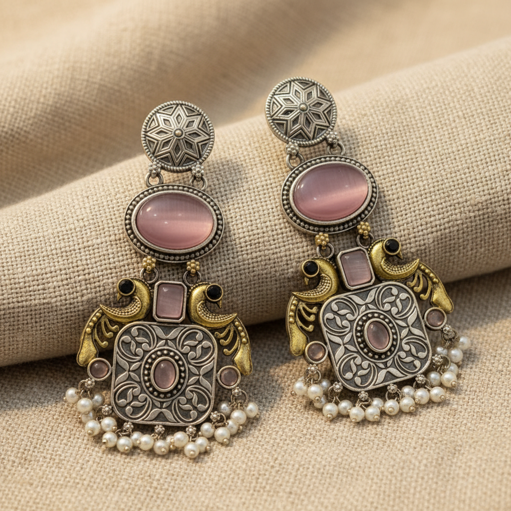 Pink Stone German Silver Pearl Drop Earrings