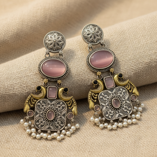 Pink Stone German Silver Pearl Drop Earrings