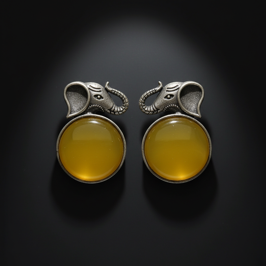 German Silver Elephant Stud Earrings with Yellow Stone