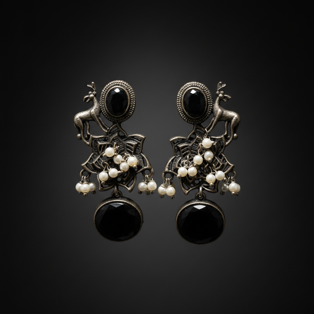 German Silver Deer Design Black Stone Earrings