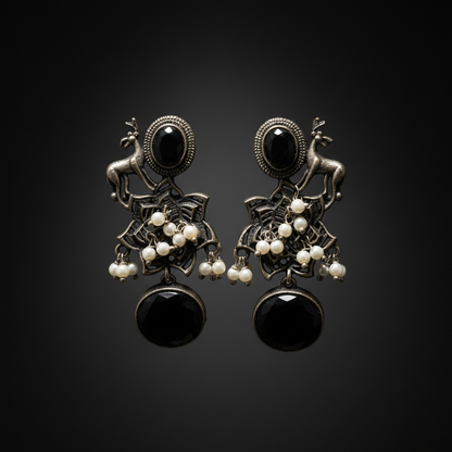German Silver Deer Design Black Stone Earrings