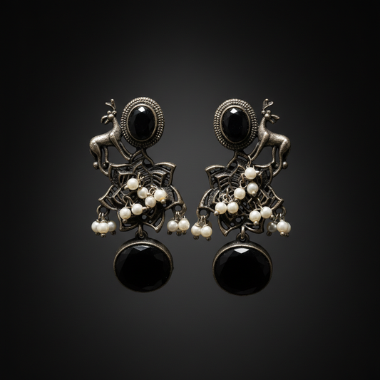 German Silver Deer Design Black Stone Earrings